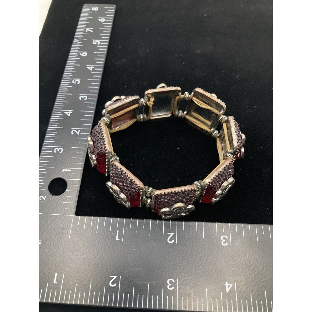 Red Glitter Enamel Silver Tone Fleur De Lis Stretch Bracelet Fashion Jewelry - Picture 3 of 4